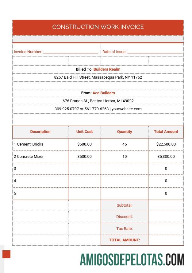 imprimível Modelo de fatura de obra